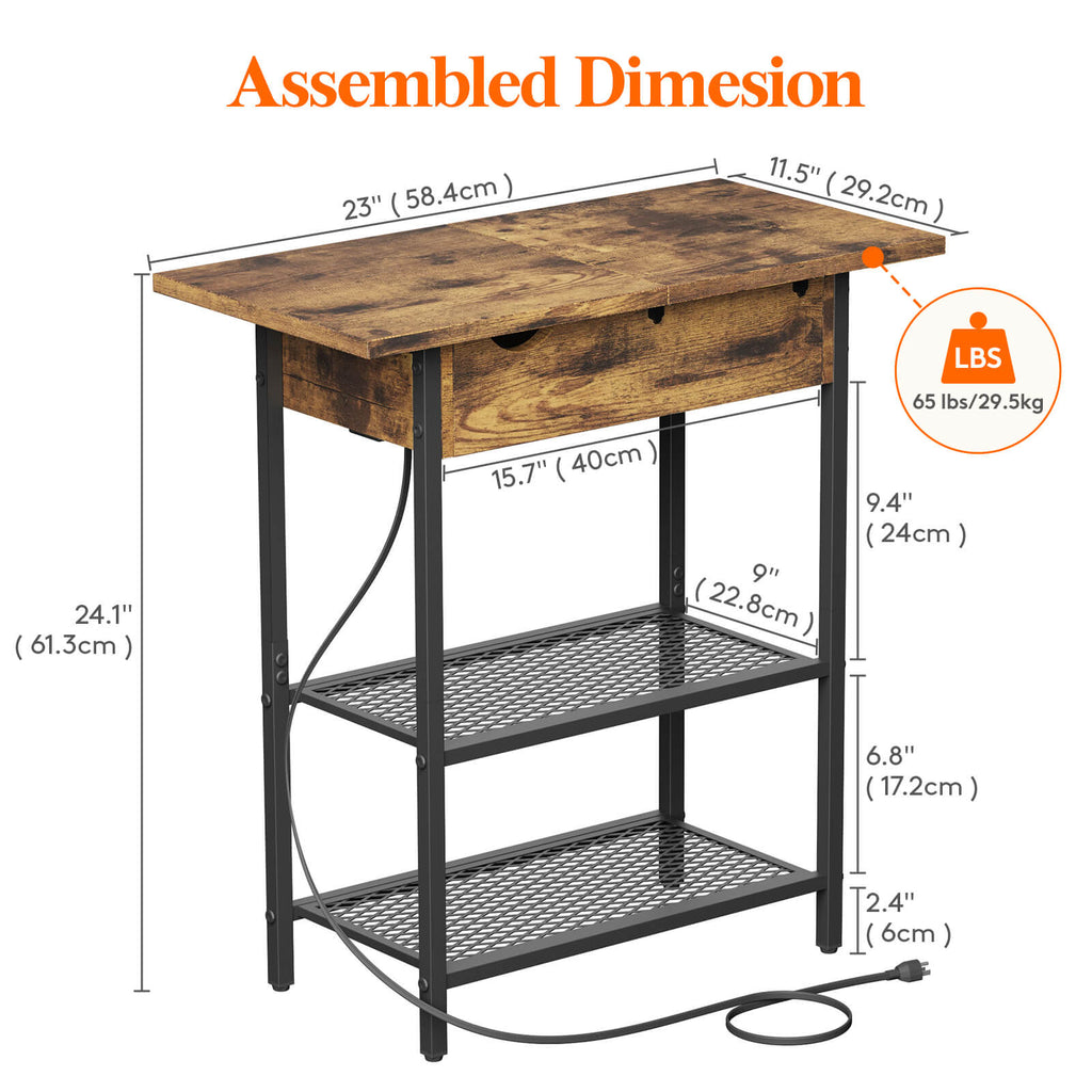Lifewit Side End Table with Storage and Charging Station, Charging Nightstand, Black/Brown