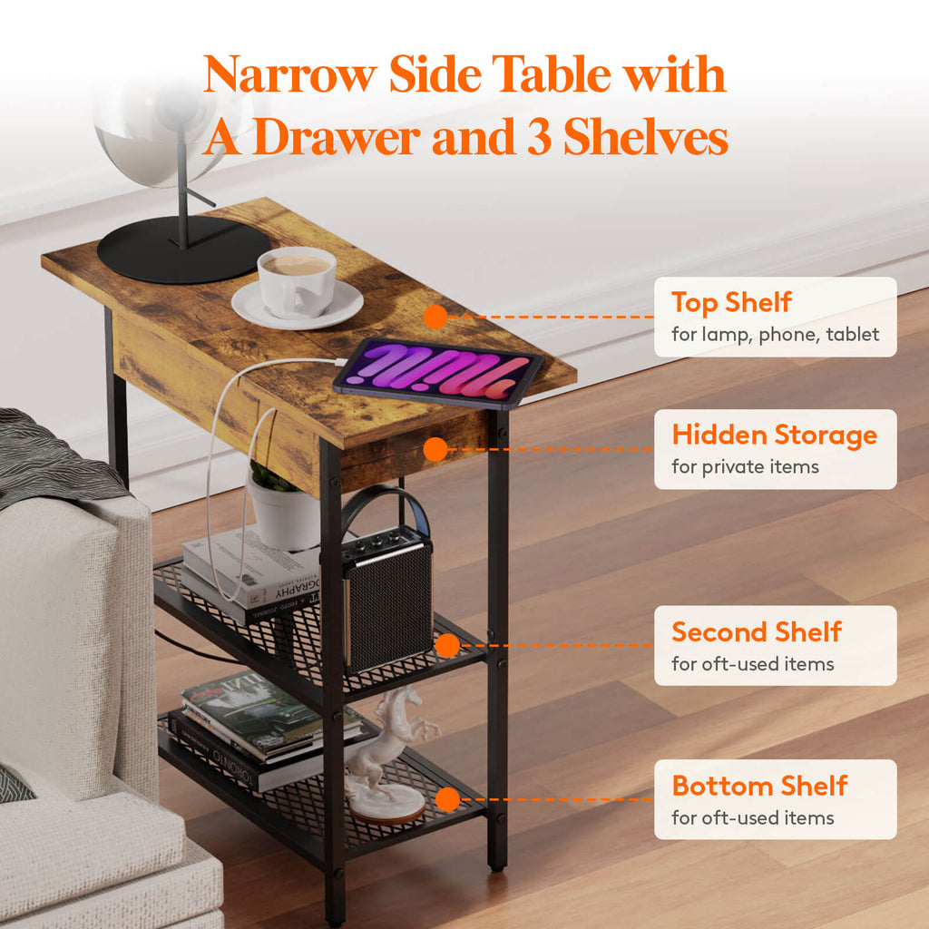 Lifewit Side End Table with Storage and Charging Station, Charging Nightstand, Black/Brown