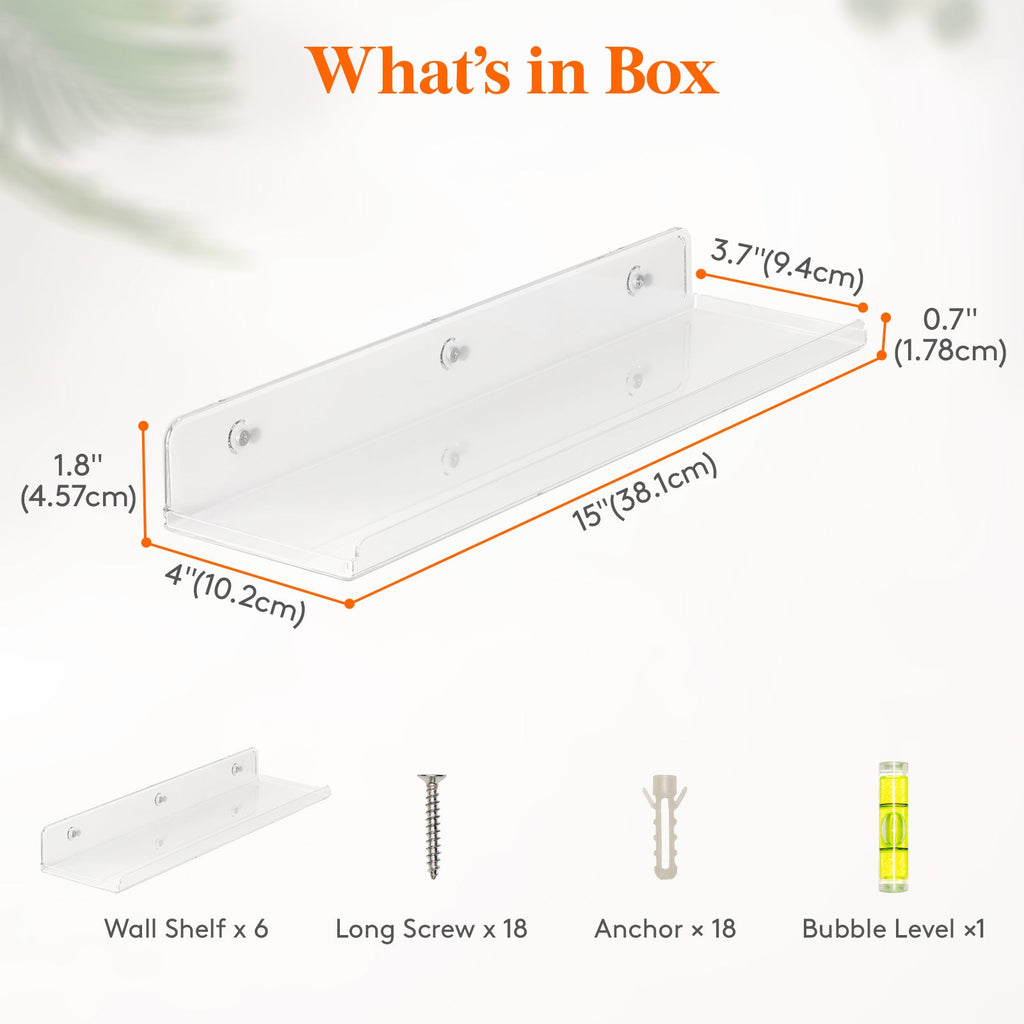 Lifewit Floating Shelves for Wall, 6 Pack 15" Clear Acrylic Shelf Room Decor