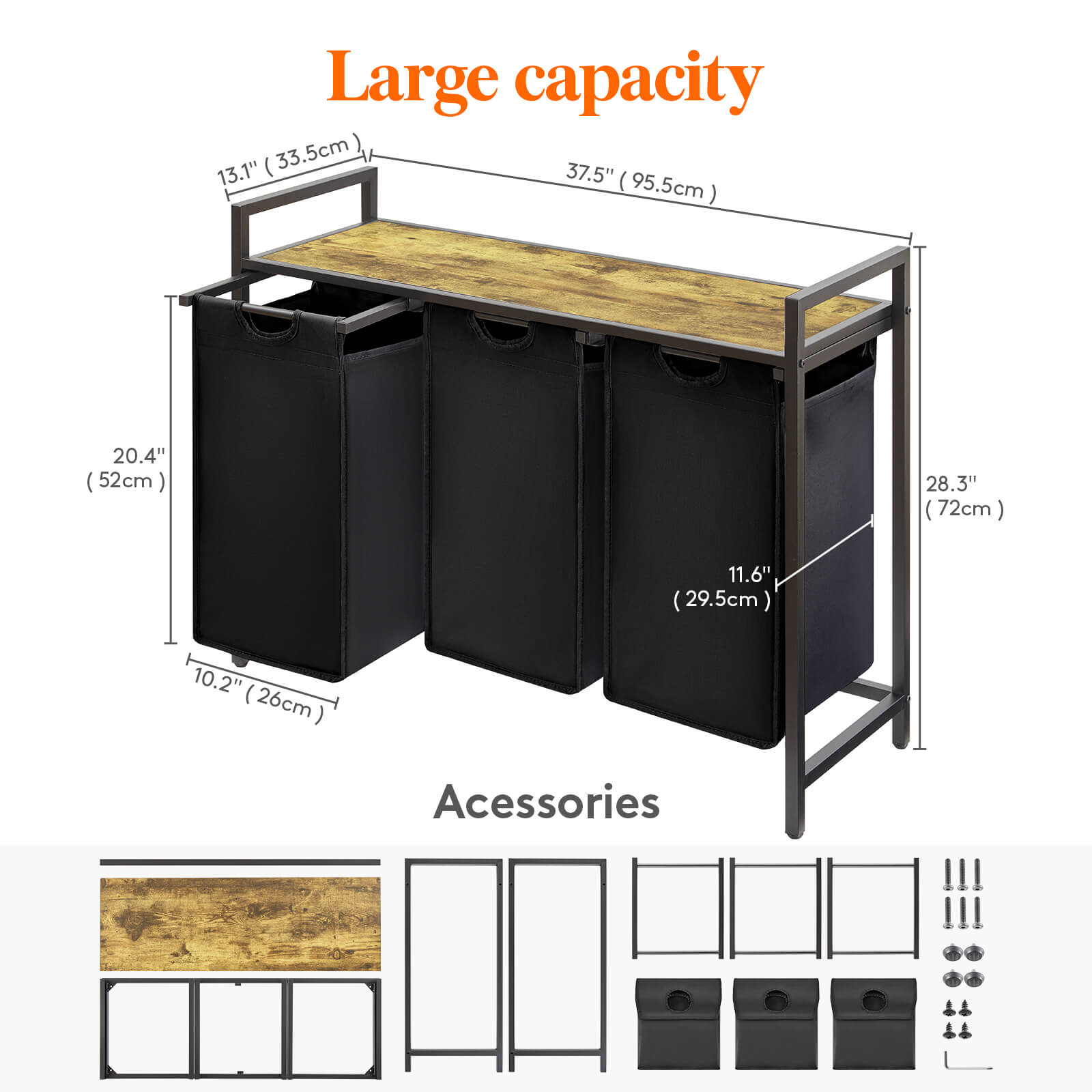 Lifewit Laundry Basket, 3 Section Pull Out Laundry Hamper, 120L, Black/Gray