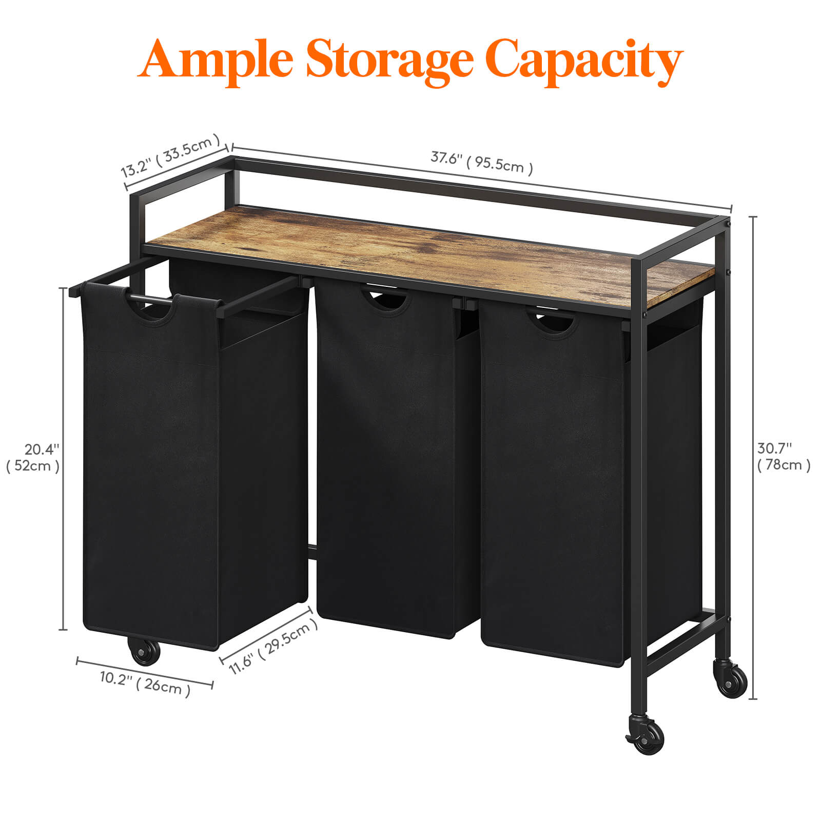 Lifewit 3 Section Laundry Hamper with Wheels, Rolling Laundry Basket, Black/Grey