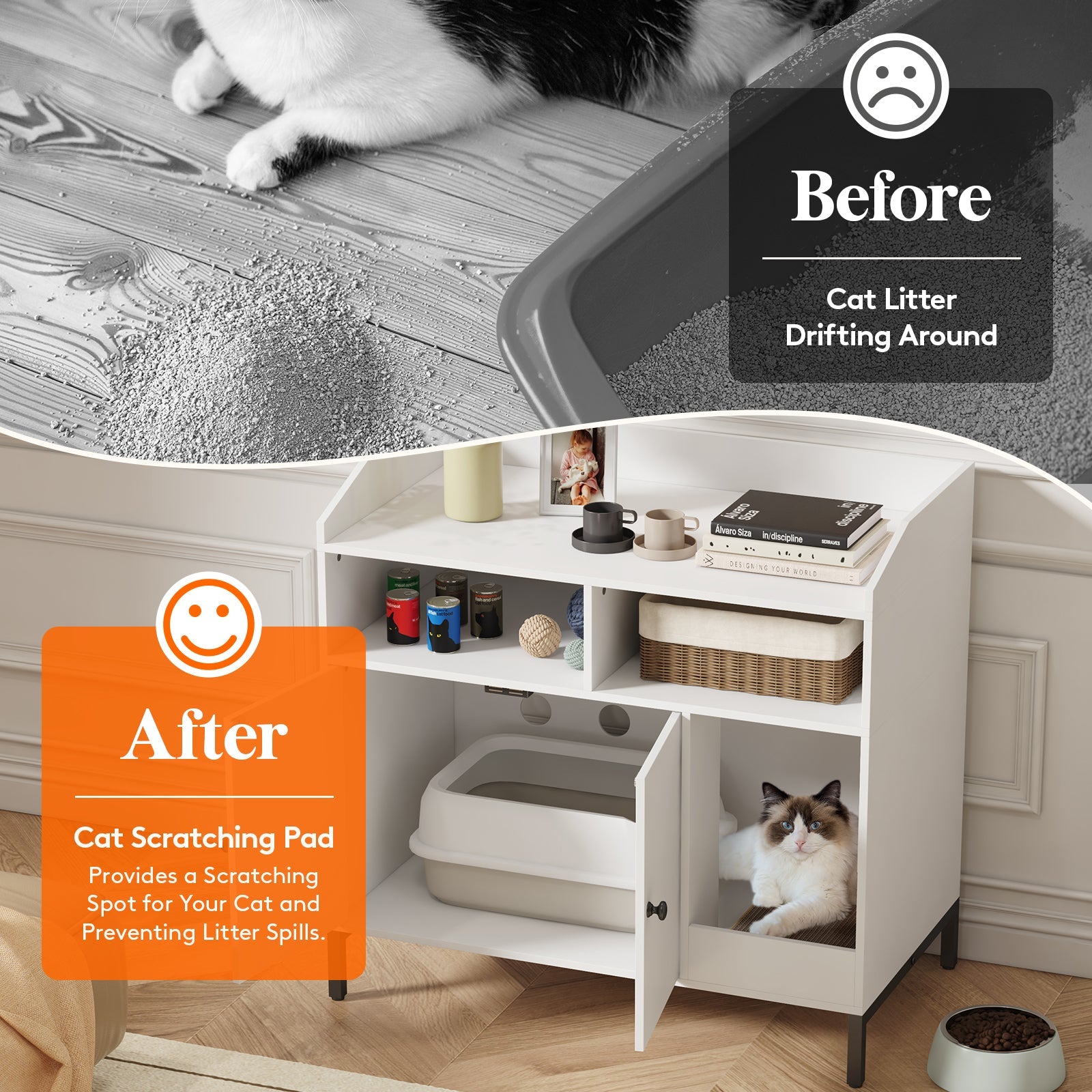 Lifewit hidden cat litter box furniture, white wood storage shelf