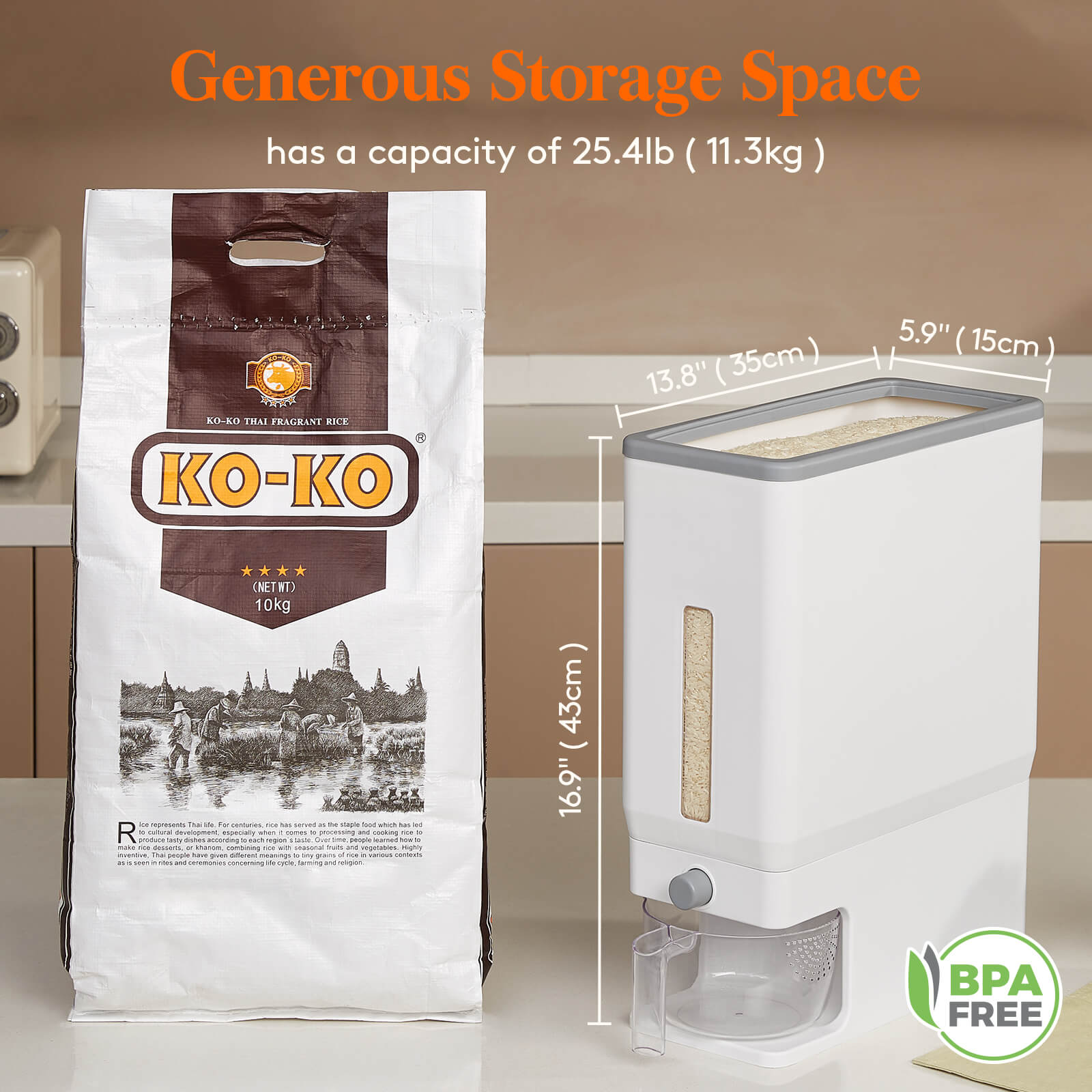 Lifewit White Rice Dispenser Container, 25.4 Lbs Cereal Grain Storage Container