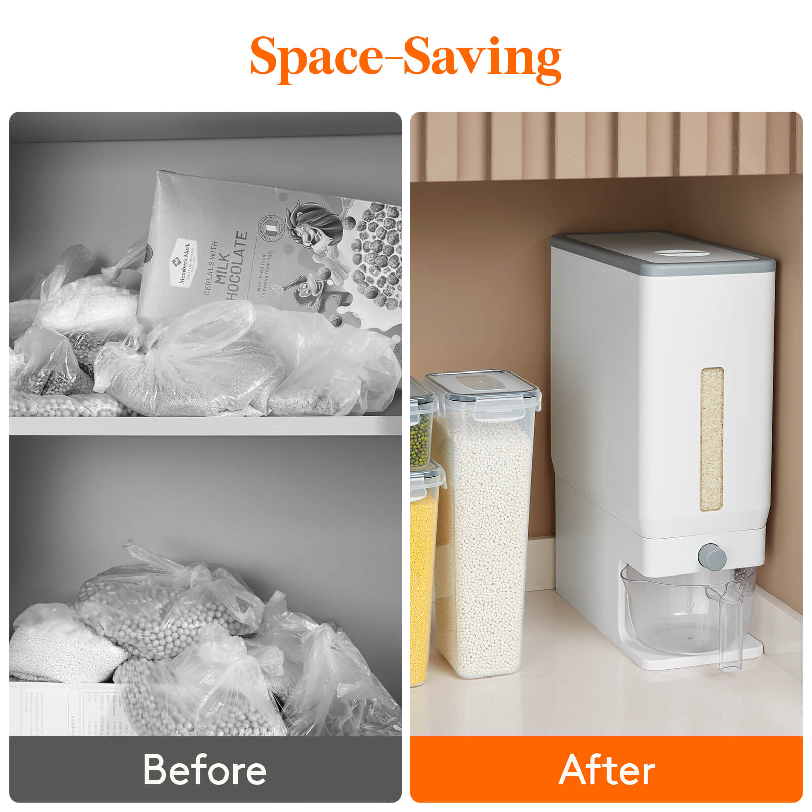 Lifewit White Rice Dispenser Container, 25.4 Lbs Cereal Grain Storage Container