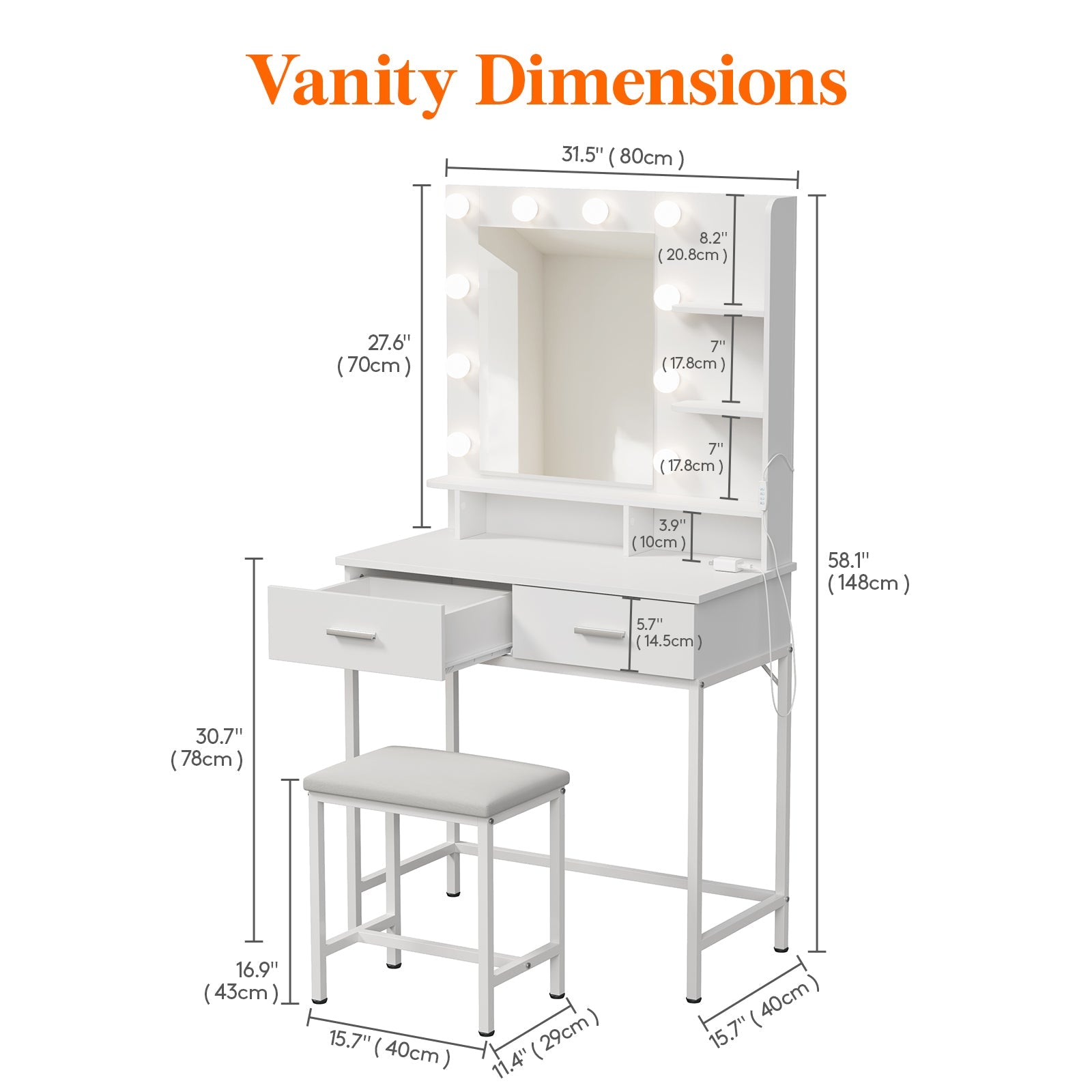 Lifewit Bathroom Vanity With Makeup Table, White Wooden Dressing Table