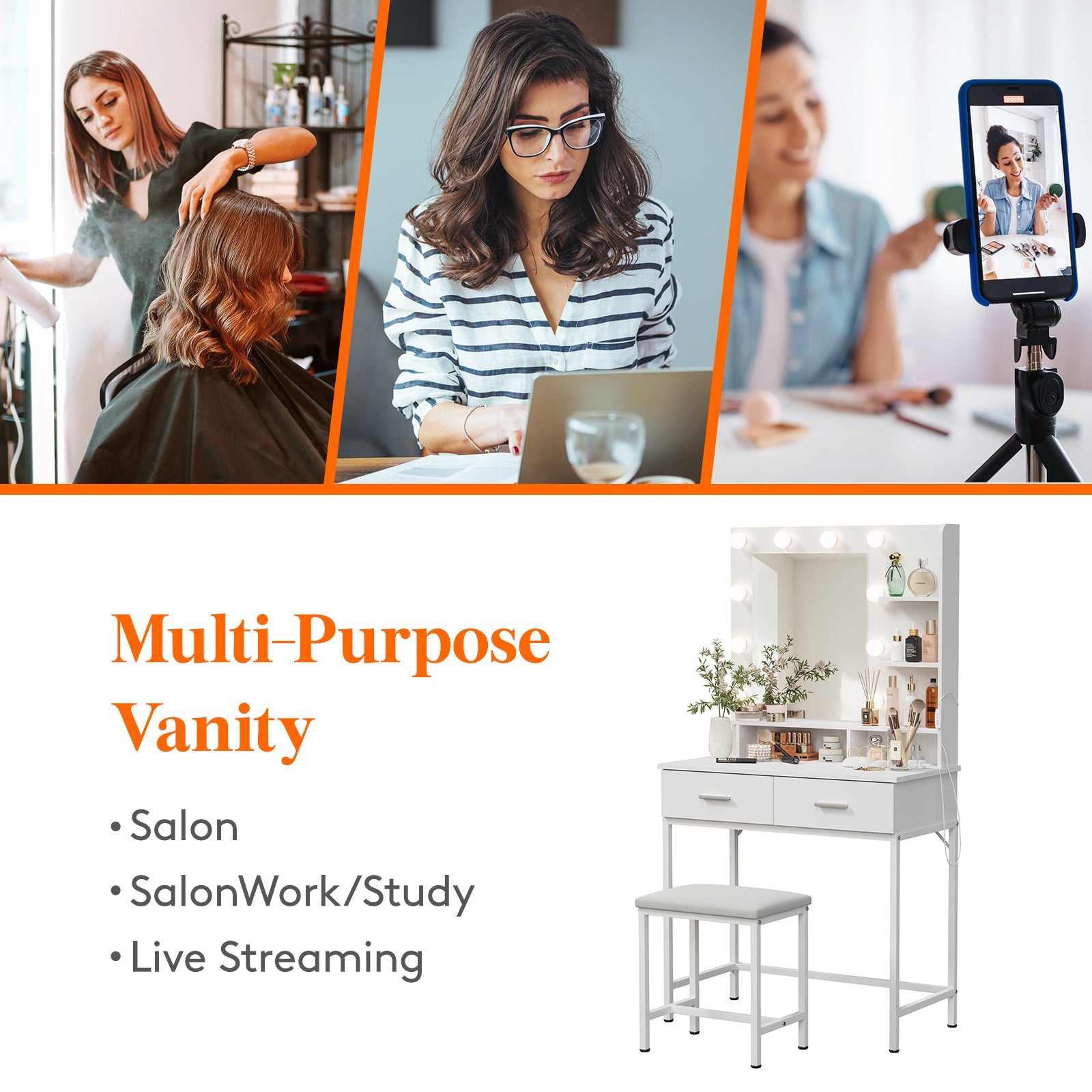 Lifewit Bathroom Vanity With Makeup Table, White Wooden Dressing Table